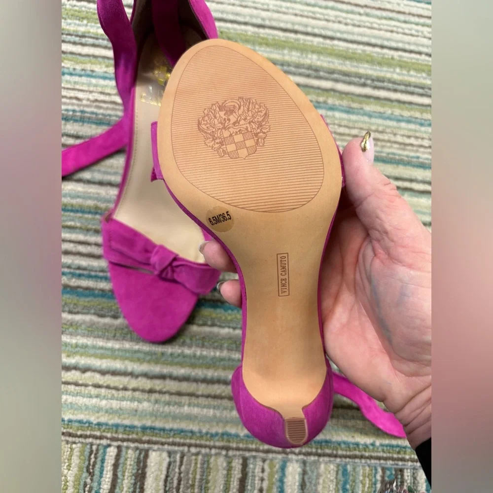 Vince Camuto Fuchsia Suede Bow Heels Ankle Wrap Stiletto Sandals 6.5 - Picture 9 of 10